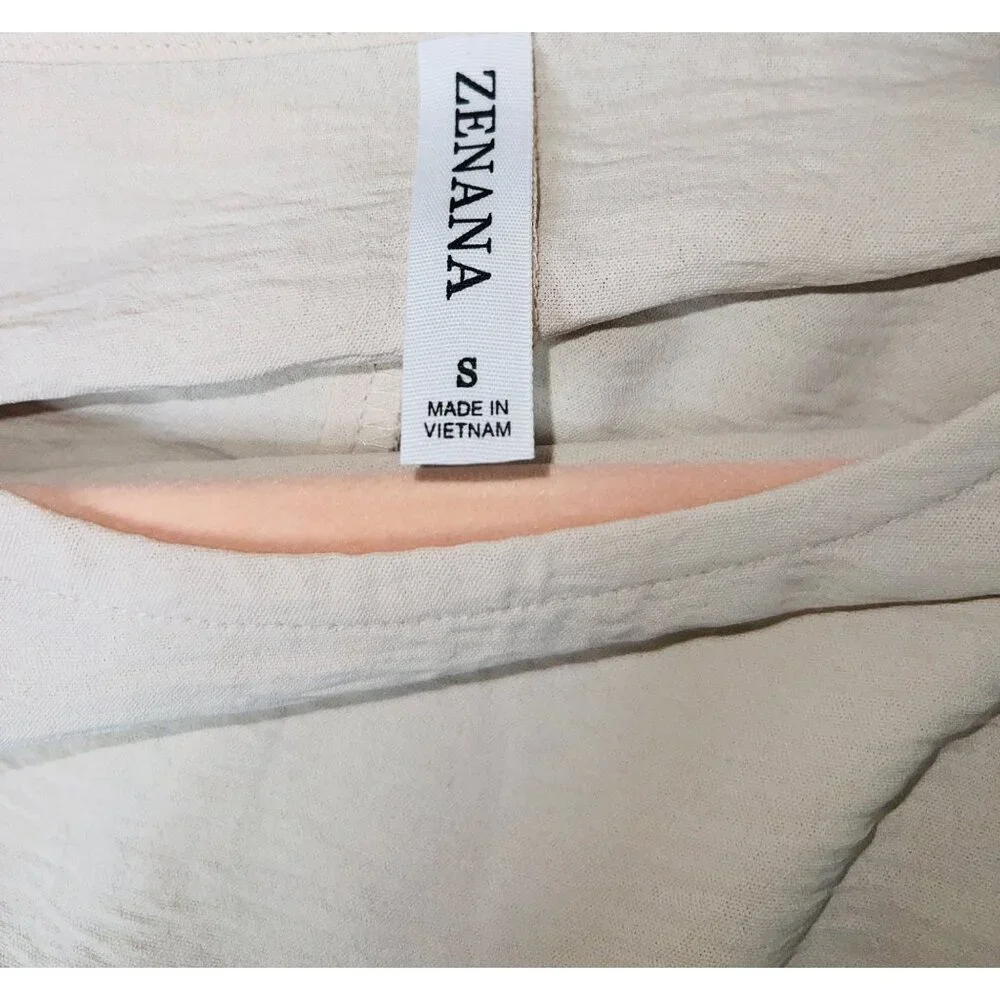 Zenana Crinkle Texture Beige Short Sleeve Top With Ruffle Detail S 100% Polyeste - Picture 3 of 5